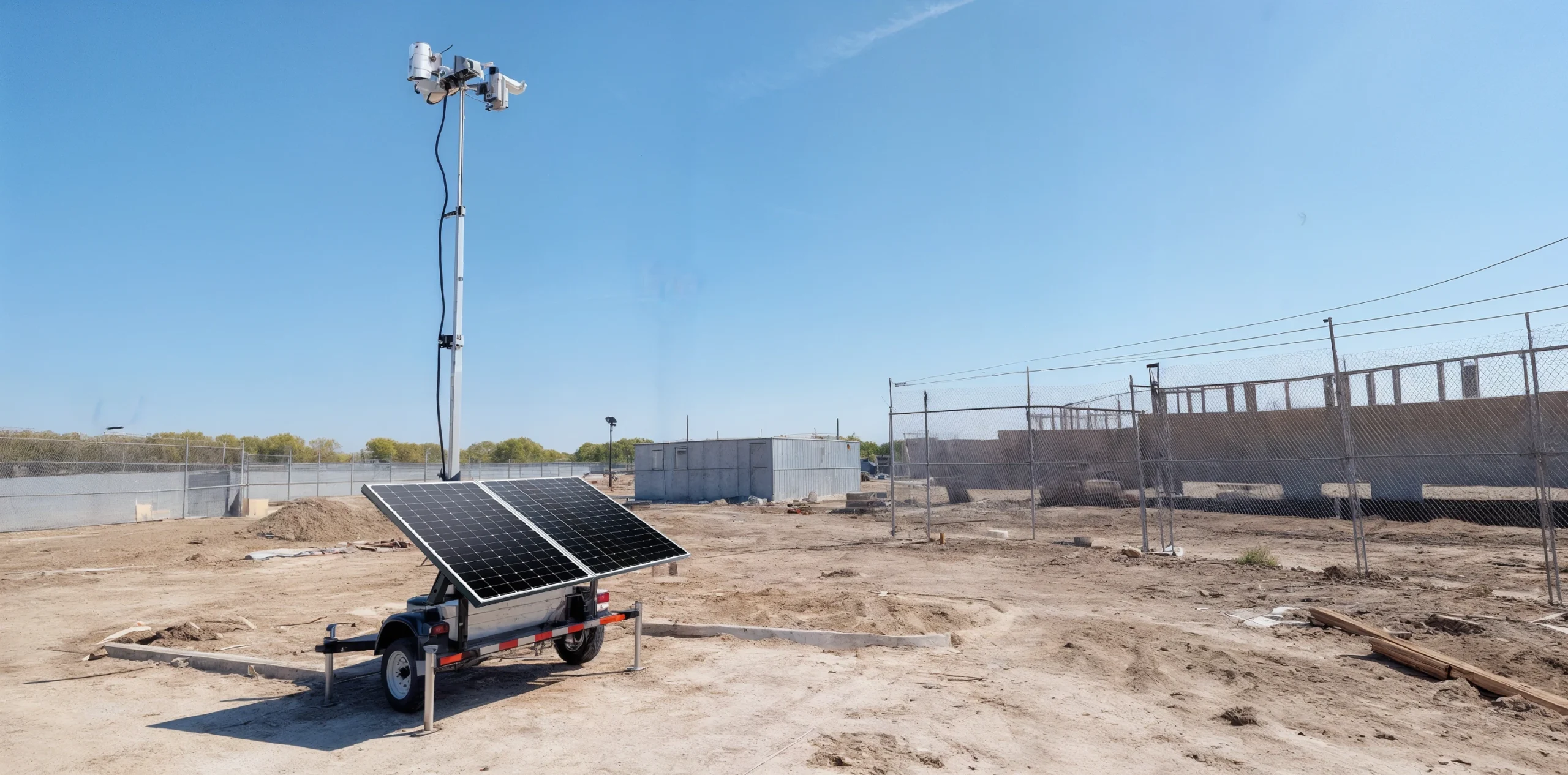 Mobile surveillance trailer with solar panels and 360&deg; HD cameras on a construction site, providing flexible security solutions for temporary and remote areas in San Francisco.