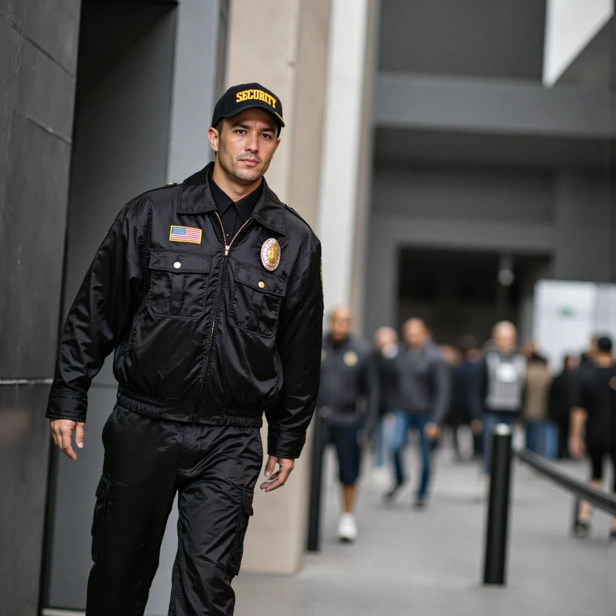 Security guard in uniform walking through a modern setting, emphasizing the role of security personnel in enhancing safety and efficiency in environments supported by remote monitoring technology.