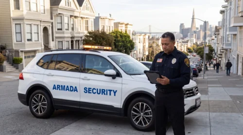 A uniformed patrol officer standing beside the patrol SUV with amber roof lightbar on a San Francisco street, illustrating the topic "security remote monitoring" — featured image by Armada Security - San Francisco Security Services | Best Onsite Security and Mobile Security Patrols in Bay Area | Armada Security - San Francisco Security Services | Best Onsite Security and Mobile Security Patrols in Bay Area | Armada Security A uniformed patrol officer standing beside the patrol SUV with amber roof lightbar on a San Francisco street, illustrating the topic "security remote monitoring" — featured image by Armada Security