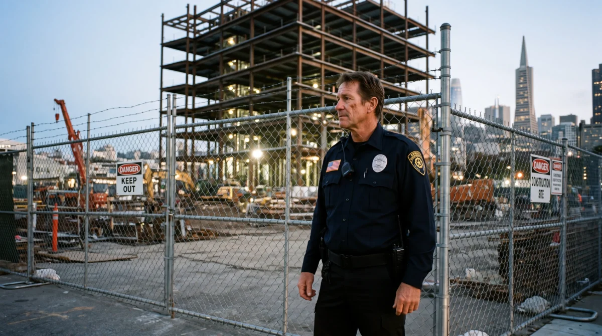 Security guard in uniform at a fenced construction site with a skeletal building frame and city skyline behind.