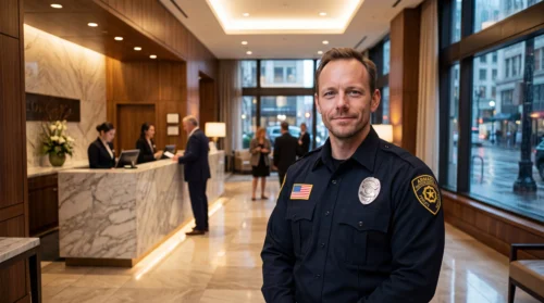 Hotel security San Francisco: Armada Security officer on post in a downtown hotel lobby