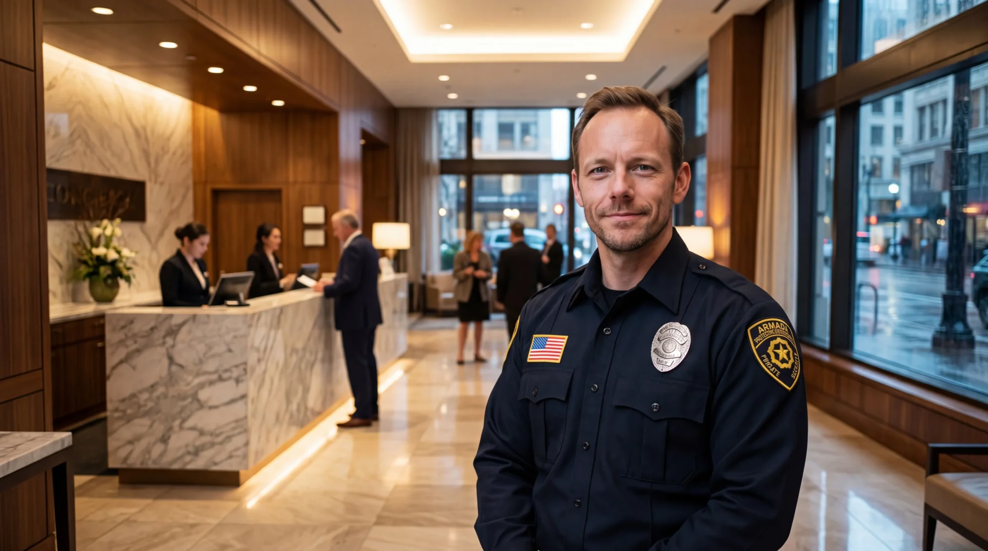 Hotel security San Francisco: Armada Security officer on post in a downtown hotel lobby