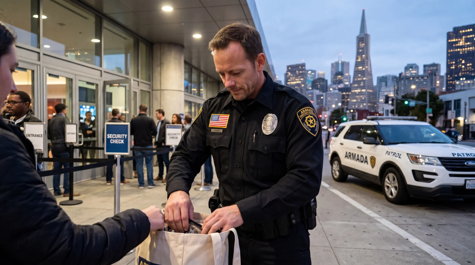 Entrance screening by event security staff in San Francisco