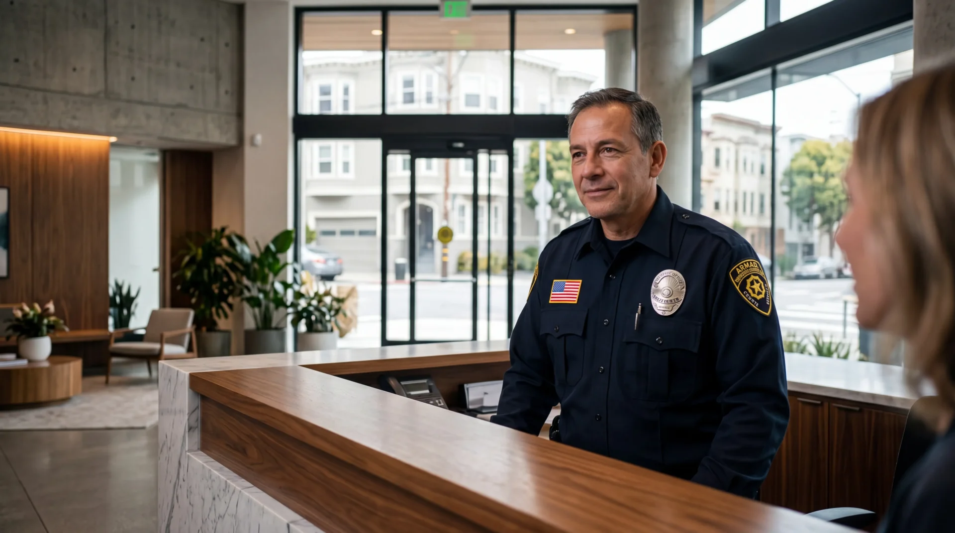 Lobby concierge officer providing residential security services in San Francisco