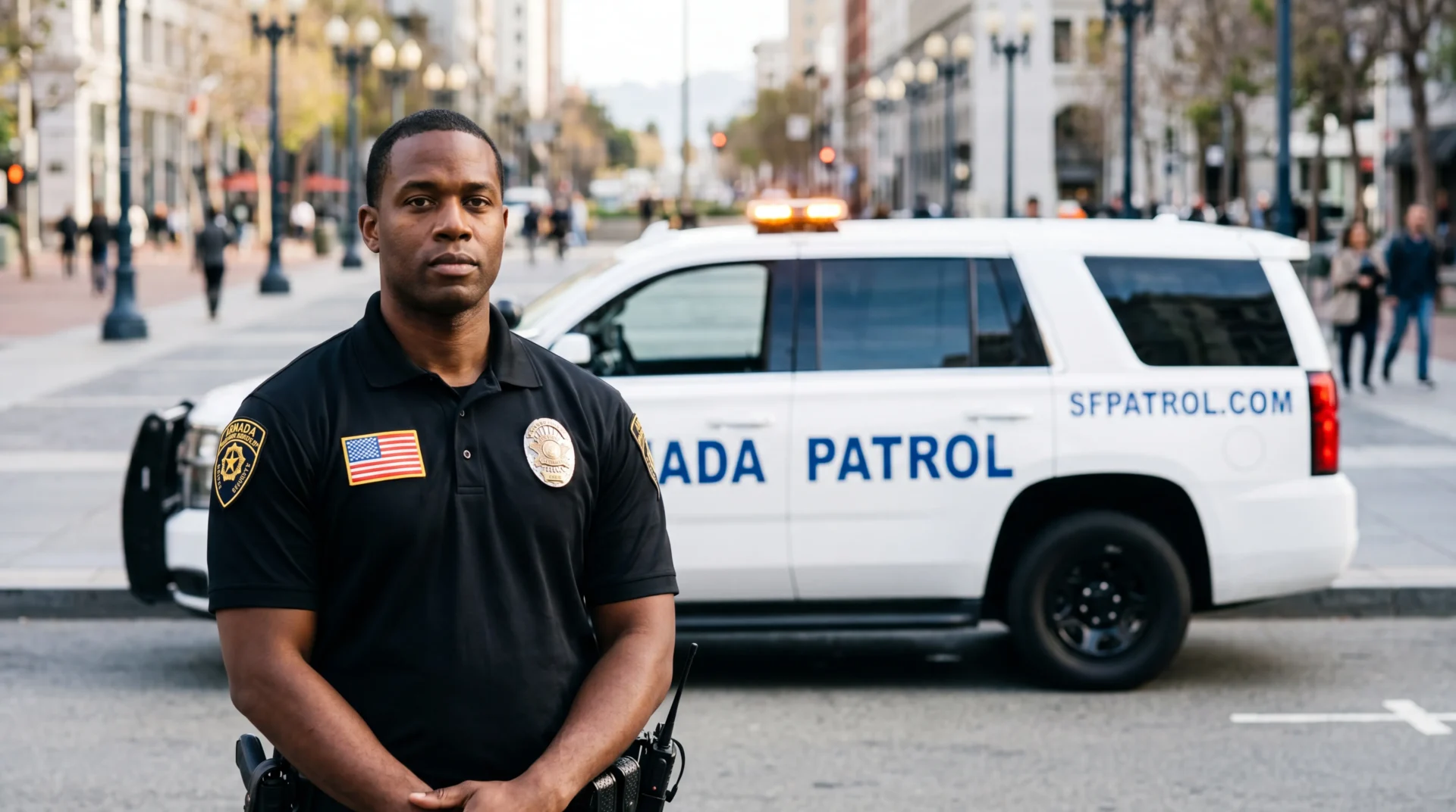 A uniformed patrol officer standing beside the patrol SUV with amber roof lightbar on a San Francisco street, illustrating the topic "security guard company near me san francisco" — featured image by Armada Security - San Francisco Security Services | Best Onsite Security and Mobile Security Patrols in Bay Area | Armada Security A uniformed patrol officer standing beside the patrol SUV with amber roof lightbar on a San Francisco street, illustrating the topic "security guard company near me san francisco" — featured image by Armada Security