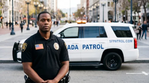 Armada Security officer standing on a downtown San Francisco street beside a marked patrol vehicle.