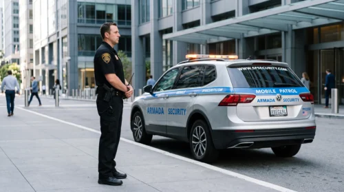 Armada Security officer standing beside a marked patrol vehicle outside a modern San Francisco office building entrance.