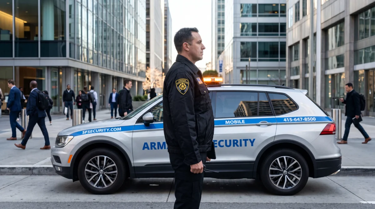 Armada Security officer standing beside a marked patrol vehicle on a busy downtown San Francisco street with pedestrians and office towers.