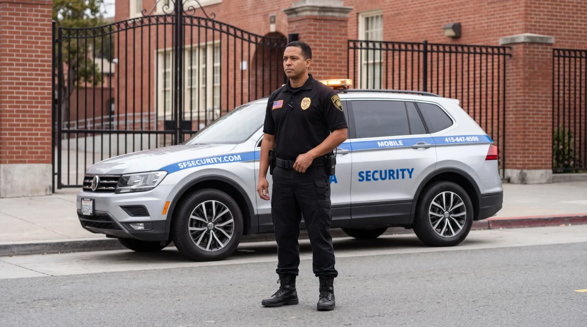 Armada Security officer standing beside a marked patrol SUV outside a school's brick building and iron security gate.
