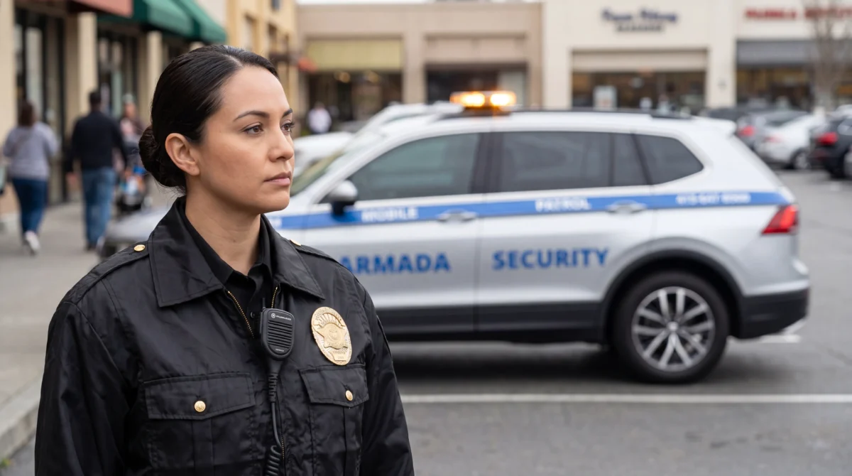 Armada Security officer standing watch in a San Francisco shopping-center parking lot beside a marked patrol SUV.