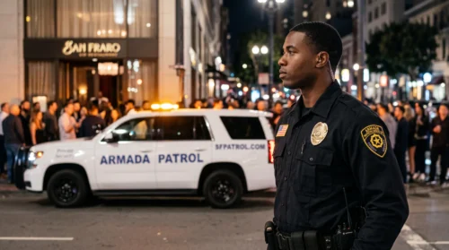 Armada Security officer on duty at night near a marked patrol vehicle as a crowd gathers outside a San Francisco restaurant.