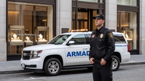 Armada Security officer standing outside a San Francisco jewelry store with display cases visible through the window, patrol vehicle parked at the curb.