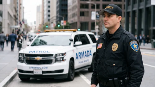 Armada Security officer in a patrol cap standing beside a marked patrol SUV on a downtown San Francisco street.
