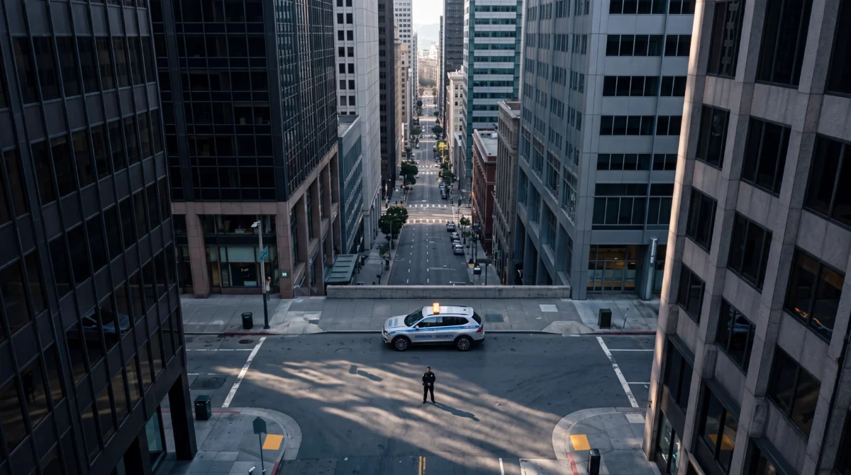 Alarm Response, Armada Security in San Francisco - Armada Security Aerial view of an Armada Security officer and marked patrol SUV responding at an empty downtown San Francisco intersection.