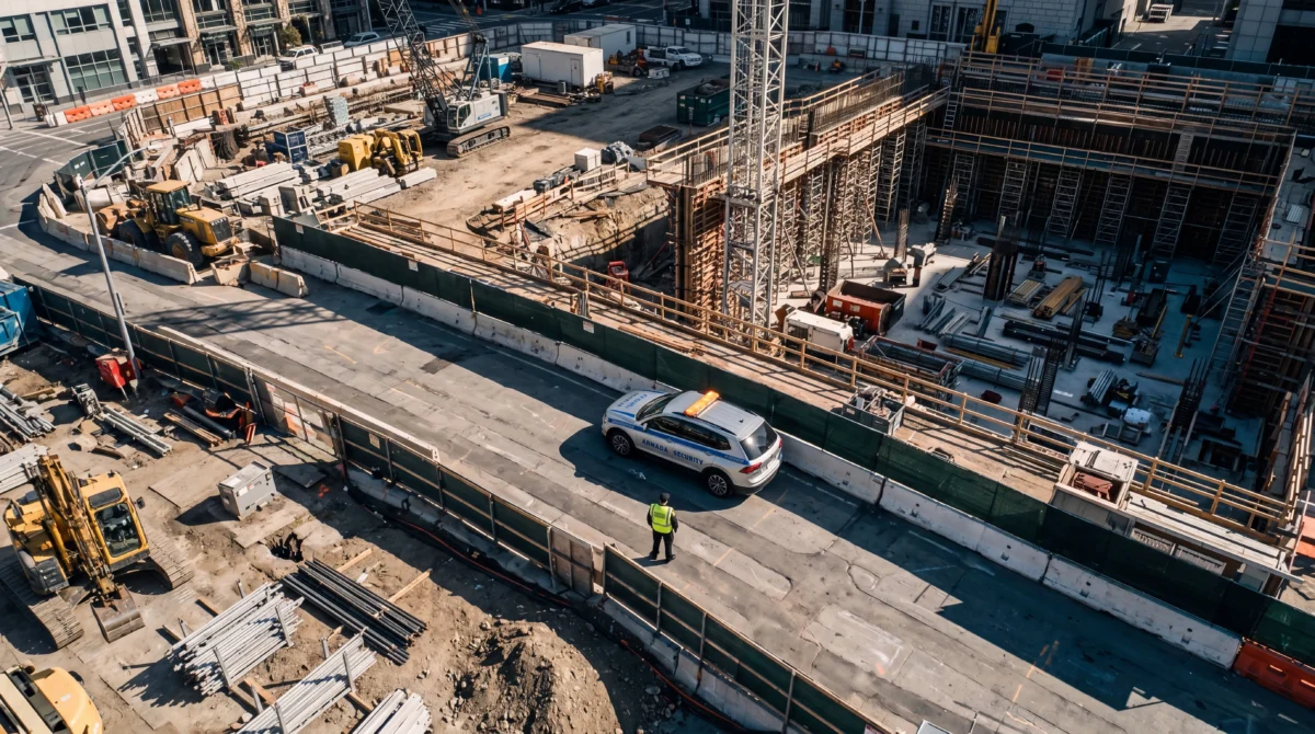 Aerial view of an Armada Security officer in a high-visibility vest beside a patrol vehicle at a fenced San Francisco construction site.