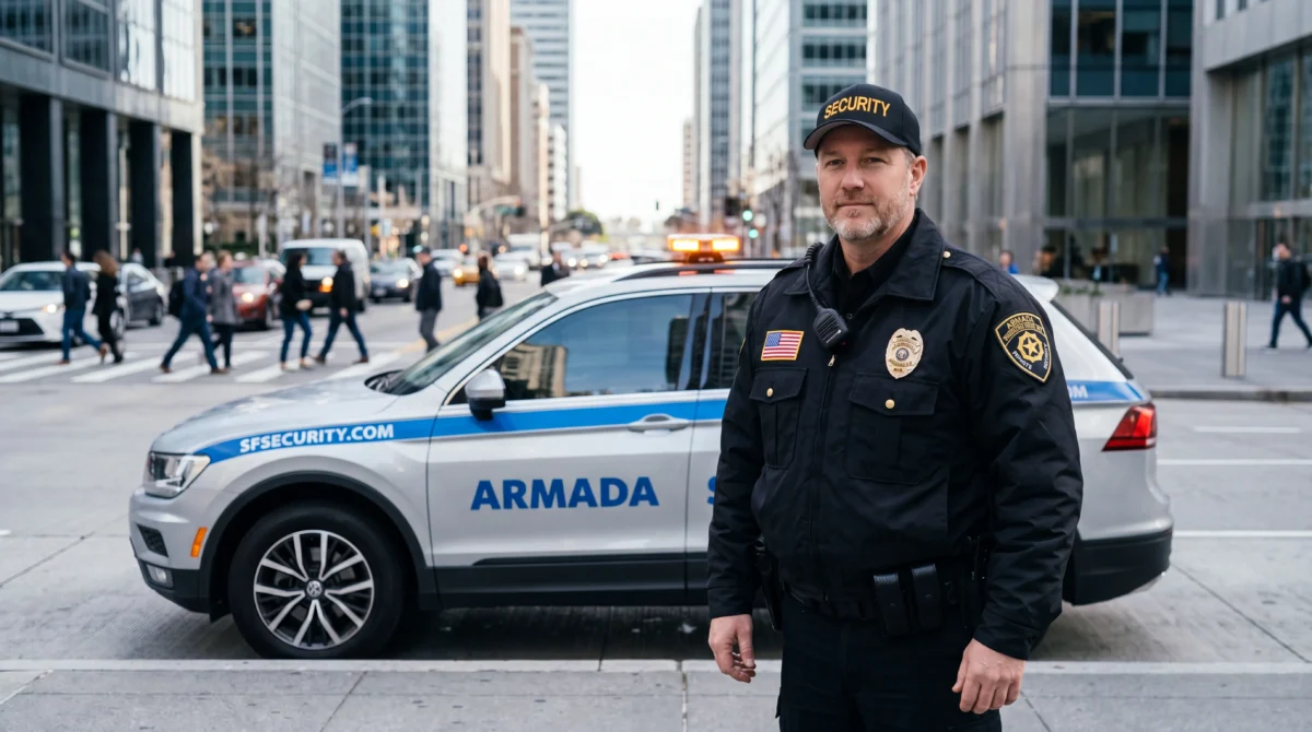 Armada Security officer standing near a marked patrol vehicle at a busy downtown San Francisco crosswalk.