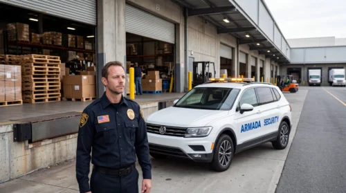 Warehouse security San Francisco: Armada Security officer guarding a distribution center loading dock