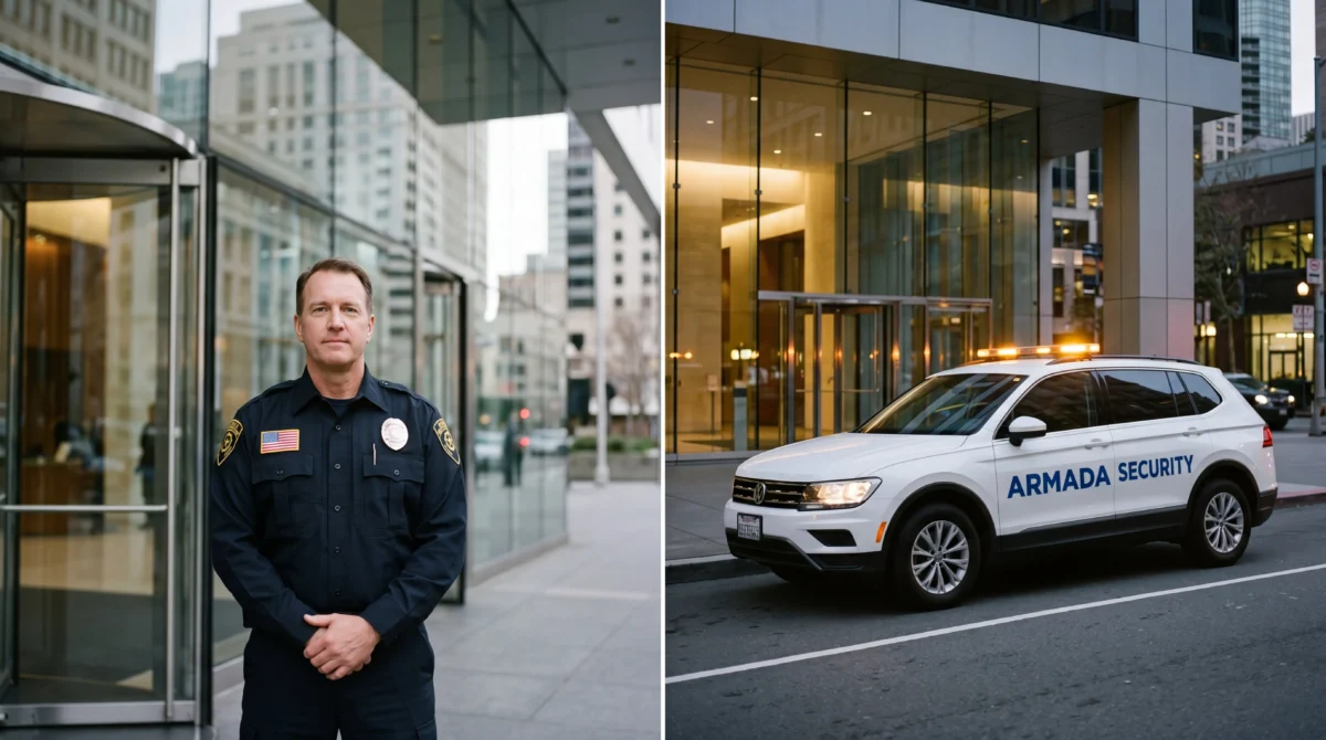 Security guards vs mobile patrol: Armada Security stationary guard and patrol SUV at a San Francisco commercial property