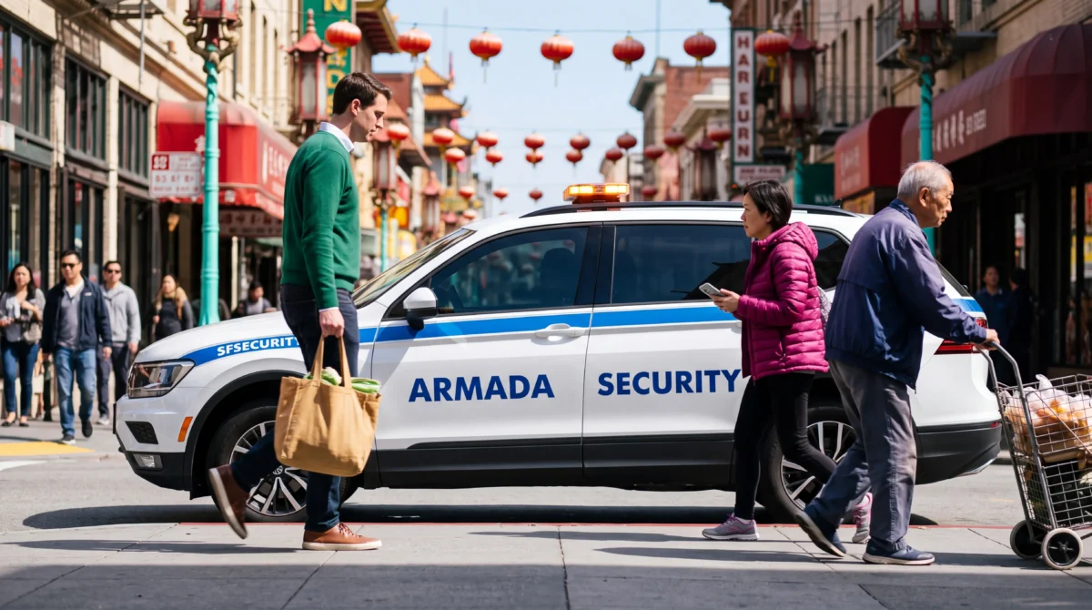 Armada Security patrol vehicle parked along the curb on a busy Chinatown street in San Francisco