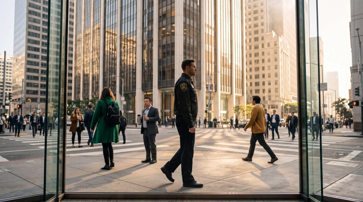 Armada Security officer, Financial District San Francisco - Armada Security Armada Security patrol officer on Montgomery Street in San Francisco's Financial District, high-rise bank towers in the background