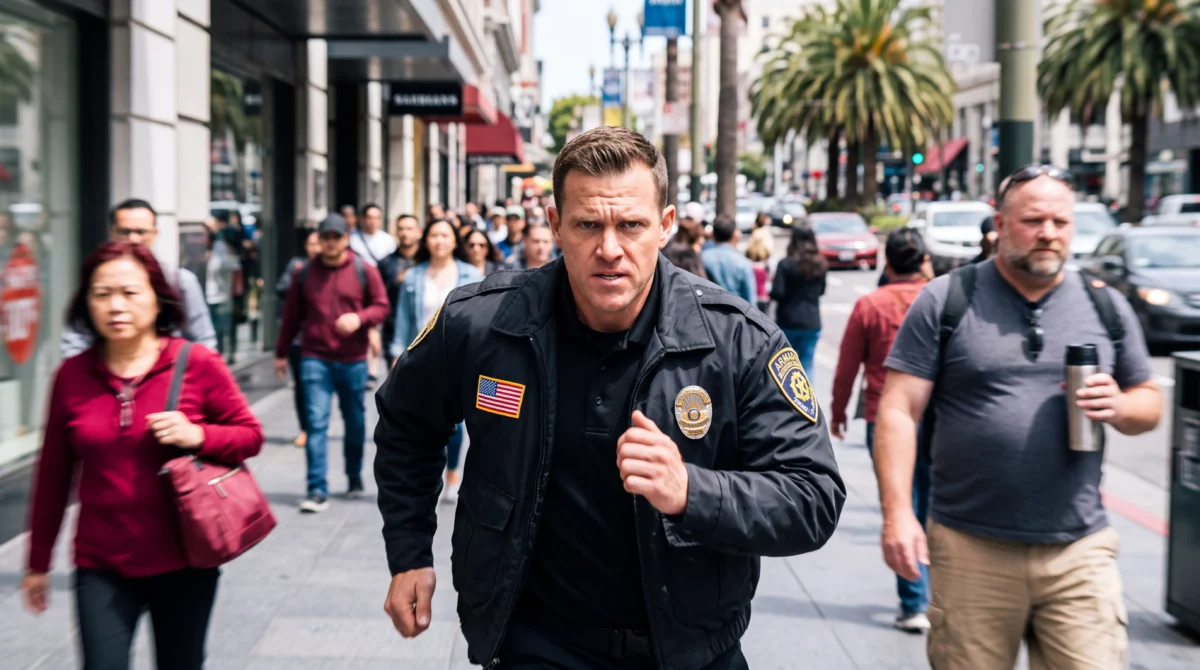 Armada Security officer running on duty through the crowded Union Square shopping district in San Francisco